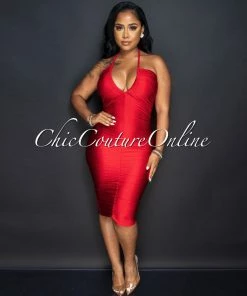 Vendor-unknown Samala Red Ruched Bodice Midi Halter Dress JUST IN