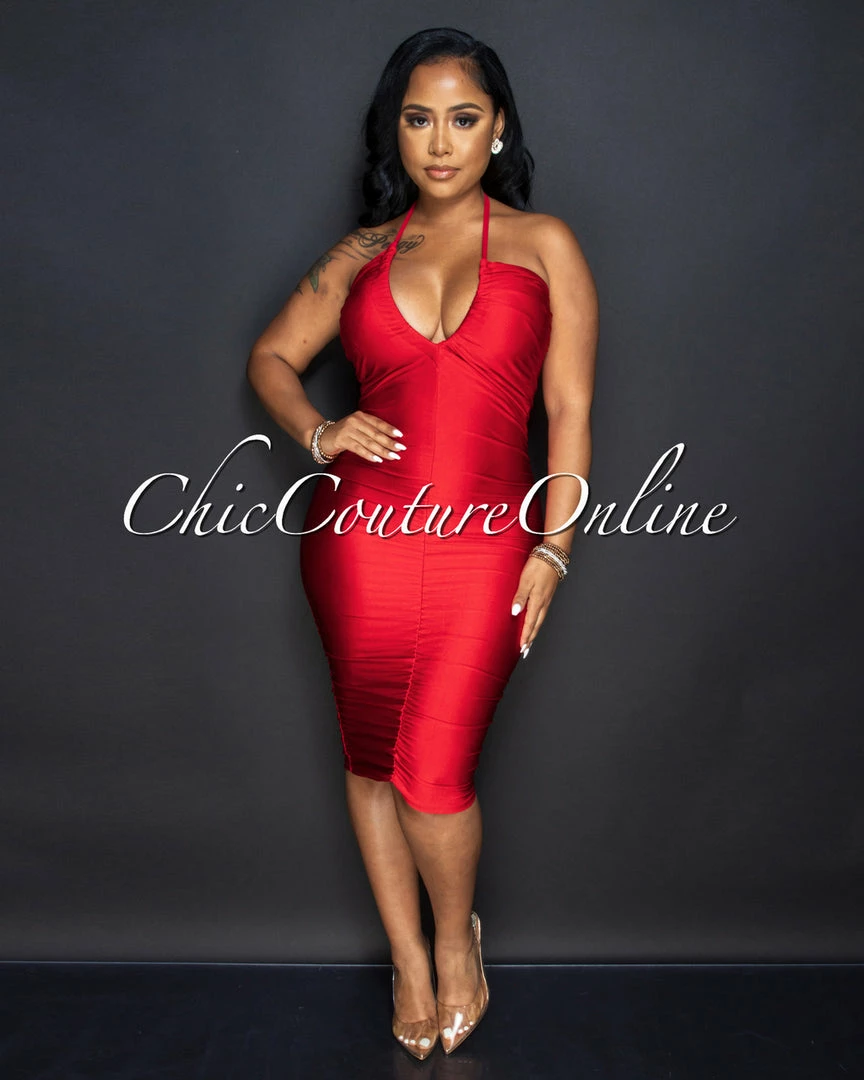 Vendor-unknown Samala Red Ruched Bodice Midi Halter Dress JUST IN