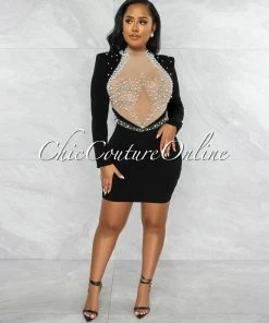 Vendor-unknown JUST IN Yecenia Black Nude Mesh Rhinestones & Pearls Mini Dress