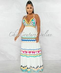 Chic Couture Online Maui Ivory Multi-Color Print Halter Maxi Dress