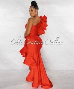 Chic Couture Online Madeline Red Ruffle Statement Hi-Lo Maxi Dress