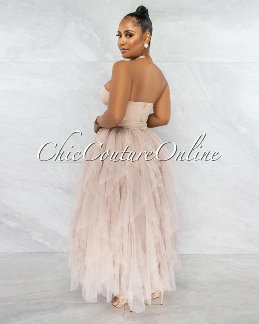 Vendor-unknown Odalys Nude Strapless Tulle Ruffle Bodysuit Dress