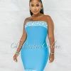 Chic Couture Online Rokka Turquoise White Fret Print Strapless Bandage Dress