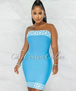 Chic Couture Online Rokka Turquoise White Fret Print Strapless Bandage Dress