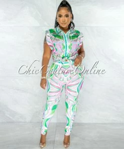 Chic Couture Online Jaden Green Pink Print Silky Blouse & Leggings Set JUST IN