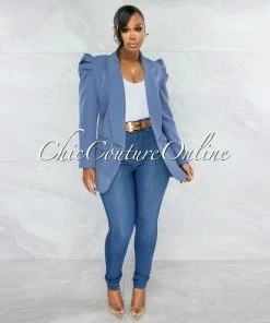 Vendor-unknown Dorcas Steel Blue Bubble Sleeves Boyfriend Long Blazer JUST IN