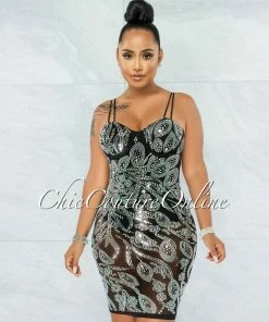 Vendor-unknown Lessa Black Iridescent Rhinestones Mesh Bodysuit Dress