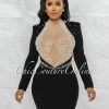 Vendor-unknown JUST IN Yecenia Black Nude Mesh Rhinestones & Pearls Mini Dress