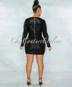 Vendor-unknown Glory Black Sequin Pearls Chain Sleeves Fringe Mini Dress JUST IN