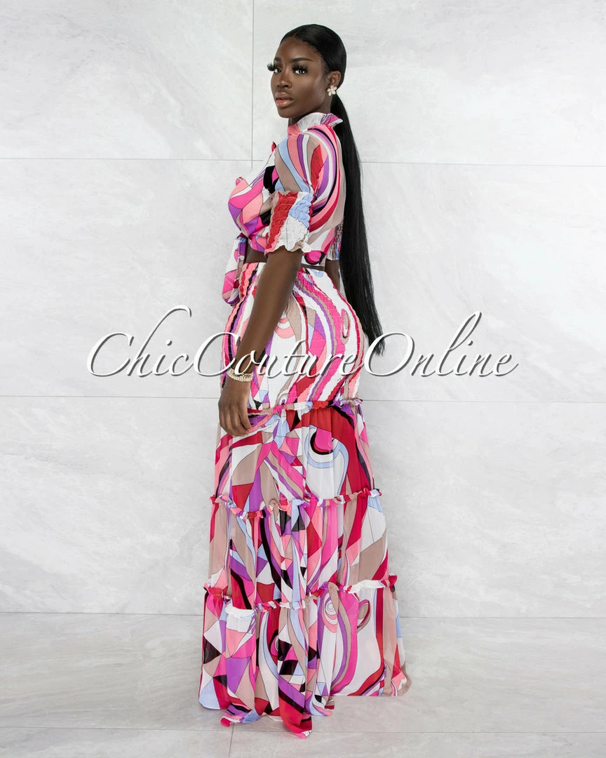 Vendor-unknown Clemons Pink Purple Print Smocked Two Piece Skirt Set