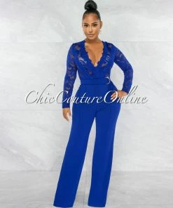 Chic Couture Online Neveh Royal Blue Crochet Lace Sheer Top Gold Accent Jumpsuit