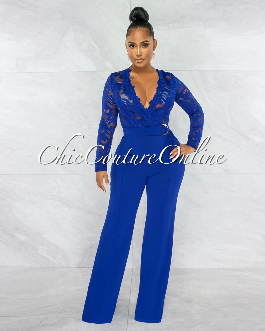 Chic Couture Online Neveh Royal Blue Crochet Lace Sheer Top Gold Accent Jumpsuit