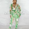 Chic Couture Online Fayana Green Retro Print Semi-Sheer Blouse & Leggings Set