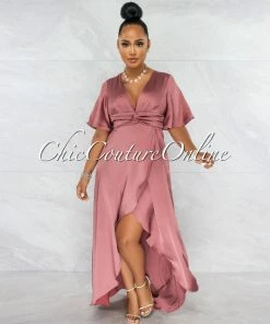 Vendor-unknown Jesimiel Mauve Drape Dramatic High-Low Slit Dress