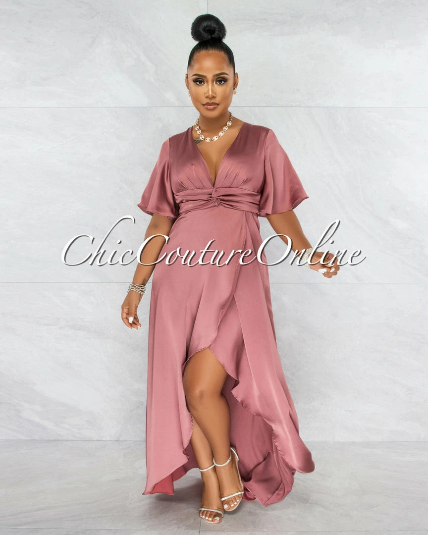Vendor-unknown Jesimiel Mauve Drape Dramatic High-Low Slit Dress