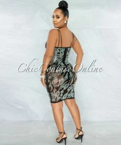 Vendor-unknown Lessa Black Iridescent Rhinestones Mesh Bodysuit Dress