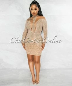Vendor-unknown Dudley Nude Iridescent Rhinestones Nude Mesh Sheer Dress