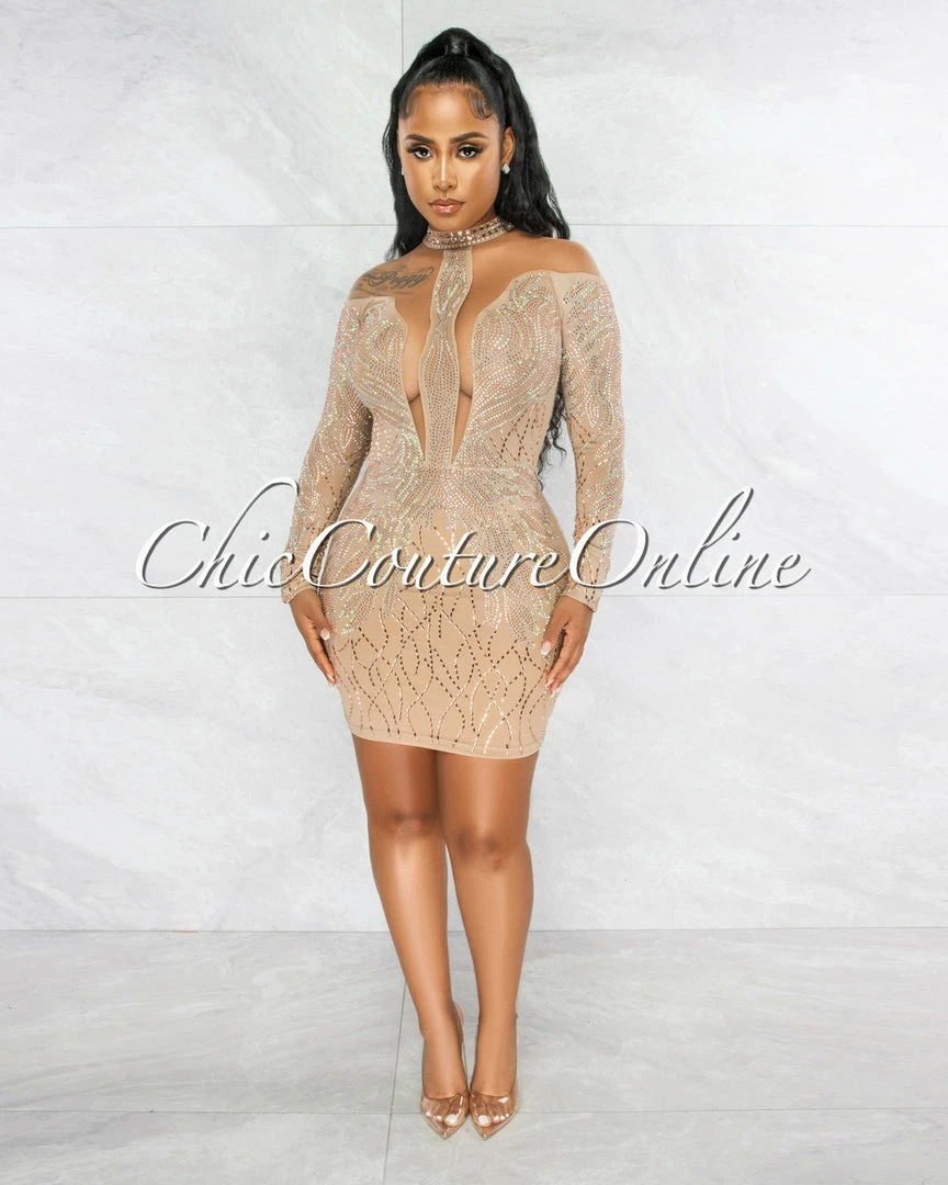Vendor-unknown Dudley Nude Iridescent Rhinestones Nude Mesh Sheer Dress