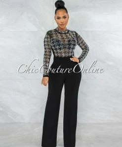 Vendor-unknown Scott Black Houndstooth Rhinestones Mesh Bodysuit