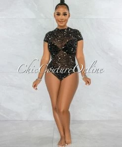 Vendor-unknown Kerta Black Nude Stars Print Sheer Mesh Bodysuit JUST IN