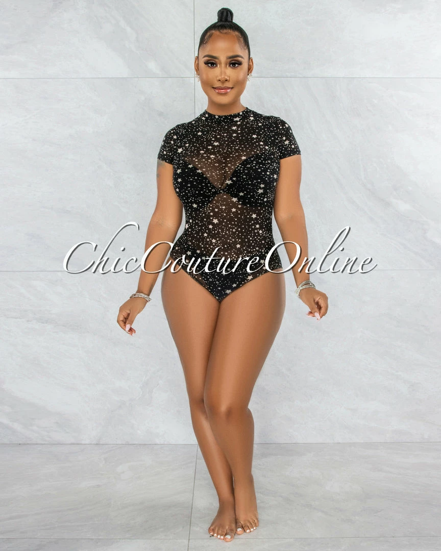 Vendor-unknown Kerta Black Nude Stars Print Sheer Mesh Bodysuit JUST IN