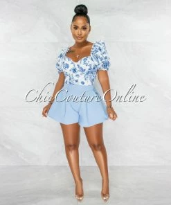 Chic Couture Online Arika White Baby Blue Two-Tone Flutter Romper JUST IN