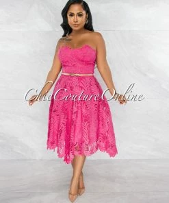 Vendor-unknown Baqir Fuchsia Crochet Nude Gold Belt Midi Dress