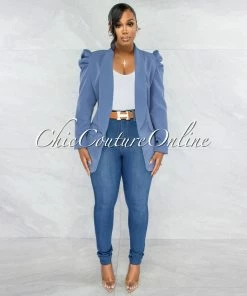 Vendor-unknown Dorcas Steel Blue Bubble Sleeves Boyfriend Long Blazer JUST IN