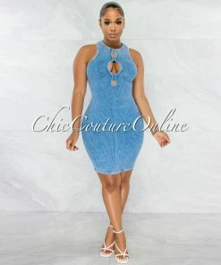 Chic Couture Online JUST IN Sephora Blue Washed Front Key-Hole Ribbed Dress