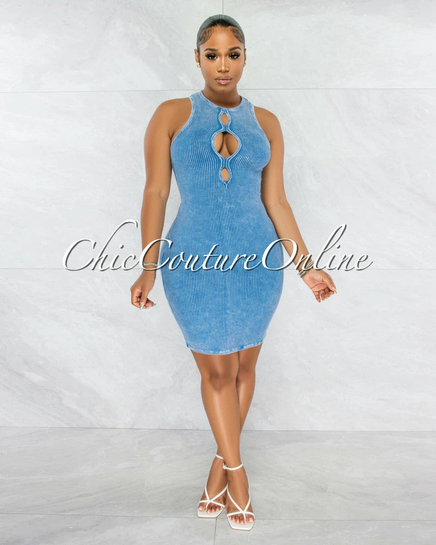 Chic Couture Online JUST IN Sephora Blue Washed Front Key-Hole Ribbed Dress