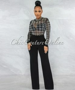 Vendor-unknown Scott Black Houndstooth Rhinestones Mesh Bodysuit