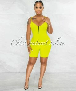 Vendor-unknown Jerram Lime Green Ribbed Front Zipper Romper JUST IN