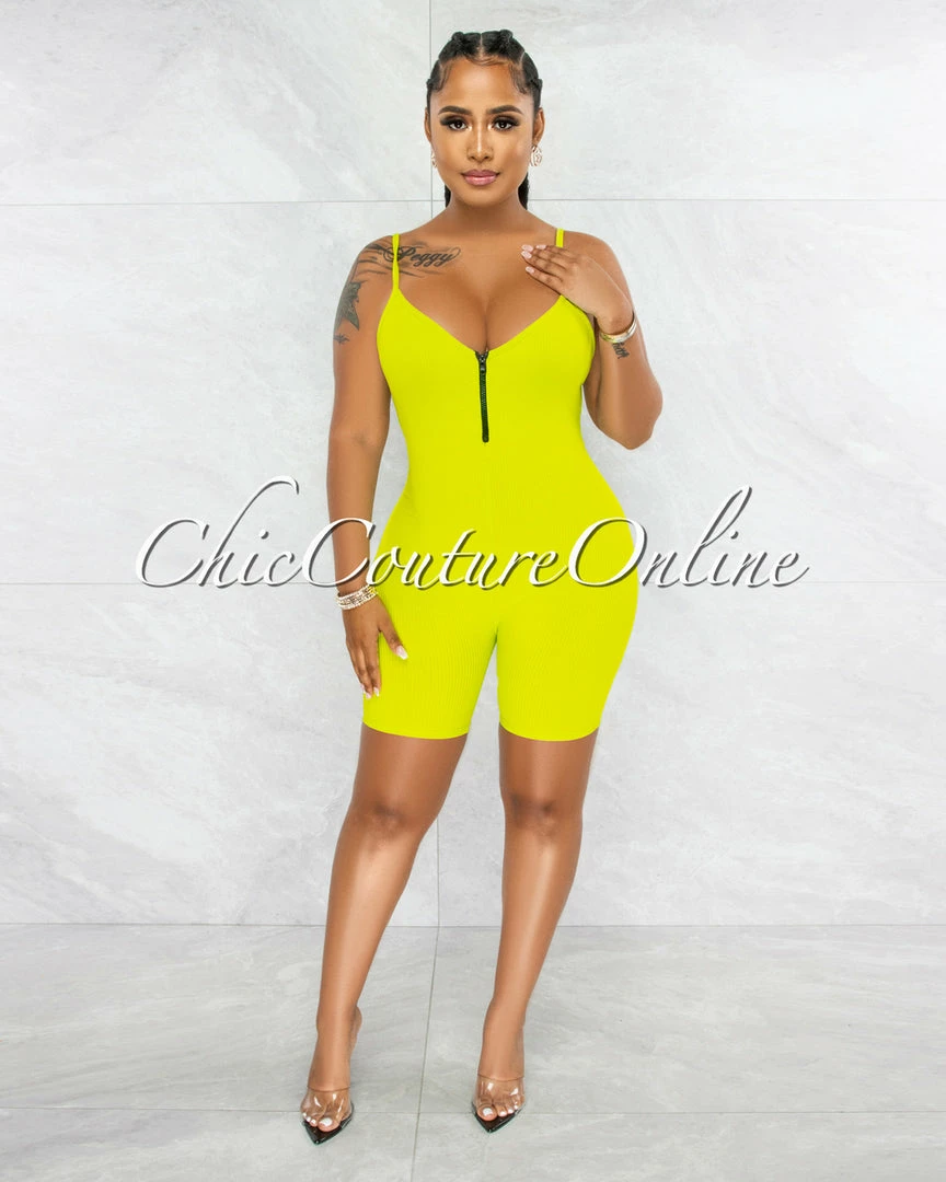 Vendor-unknown Jerram Lime Green Ribbed Front Zipper Romper JUST IN
