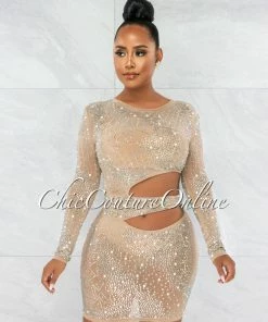 Vendor-unknown JUST IN Lenore Nude Iridescent Rhinestone Pearl Accent Cut-Out Dress