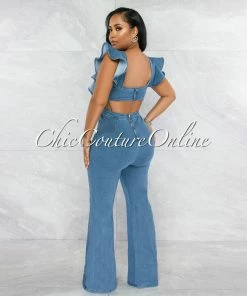 Vendor-unknown Porter Medium Blue Denim Ruffle Sleeves Jumpsuit