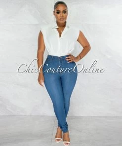 Chic Couture Online Velina Off-White Padded Shoulders Buttoned Top