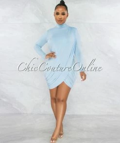 Vendor-unknown Tamira Baby Blue Drape Long Sleeves Dress JUST IN