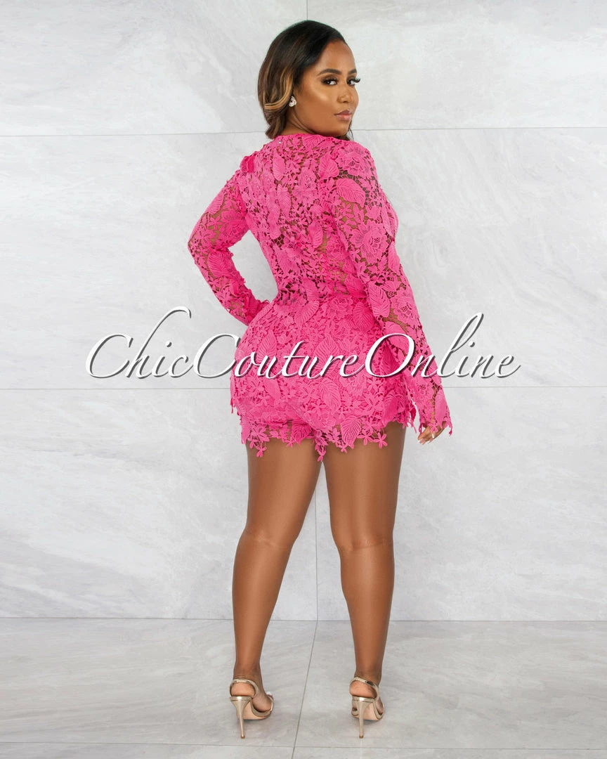 Chic Couture Online JUST IN Carencia Fuchsia Crochet Sheer Suit Shorts Set
