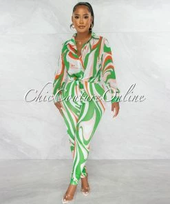 Chic Couture Online Fayana Green Retro Print Semi-Sheer Blouse & Leggings Set