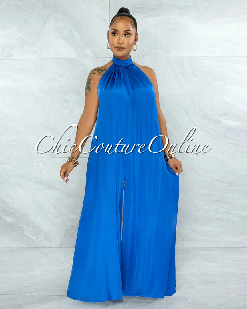 Vendor-unknown JUST IN Memphis Royal Blue Low Back Satin Halter Jumpsuit