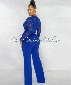 Chic Couture Online Neveh Royal Blue Crochet Lace Sheer Top Gold Accent Jumpsuit