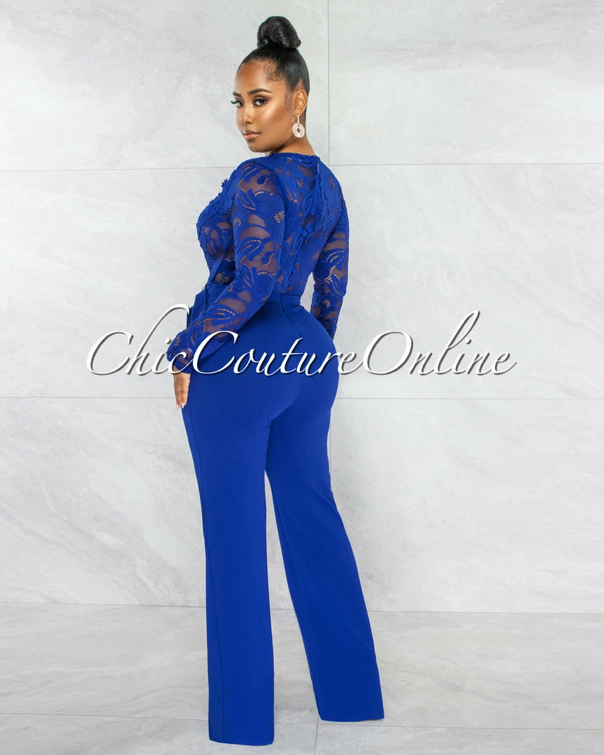Chic Couture Online Neveh Royal Blue Crochet Lace Sheer Top Gold Accent Jumpsuit