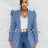 Vendor-unknown Dorcas Steel Blue Bubble Sleeves Boyfriend Long Blazer JUST IN