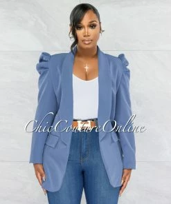 Vendor-unknown Dorcas Steel Blue Bubble Sleeves Boyfriend Long Blazer JUST IN