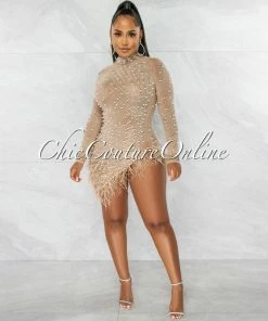 Chic Couture Online JUST IN Rhesa Nude Rhinestones Pearls & Feathers Mesh Mini Dress