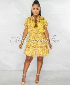 Chic Couture Online JUST IN Gabra Mustard Gold Paisley Print Smocked Hem Dress
