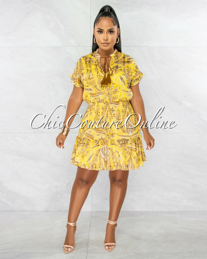 Chic Couture Online JUST IN Gabra Mustard Gold Paisley Print Smocked Hem Dress
