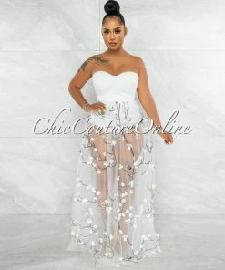 Vendor-unknown Teleria White Embroidery Tulle Bodysuit Maxi Dress