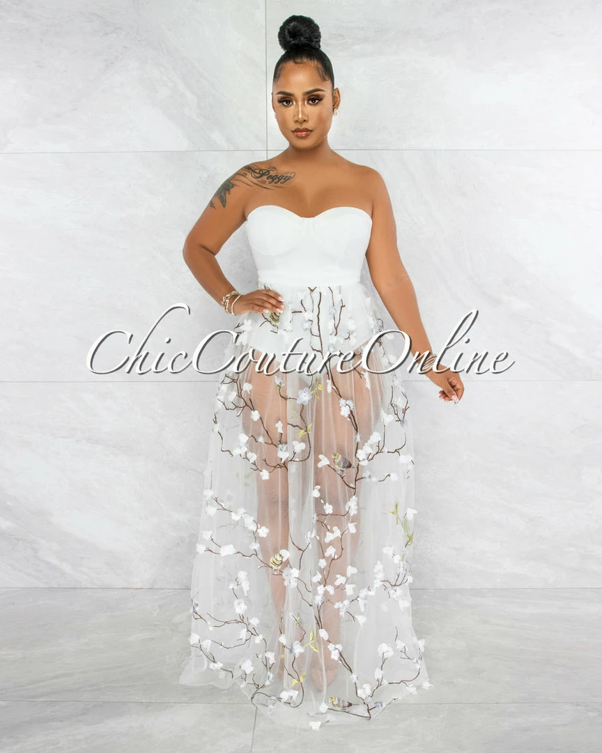 Vendor-unknown Teleria White Embroidery Tulle Bodysuit Maxi Dress