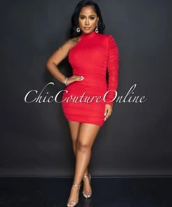 Vendor-unknown Baird Red Silver Shimmer Mesh Ruched Dress